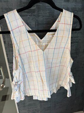 Madewell Side-Tie Tank Top in Windowpane Medium Linen Blend White Boho